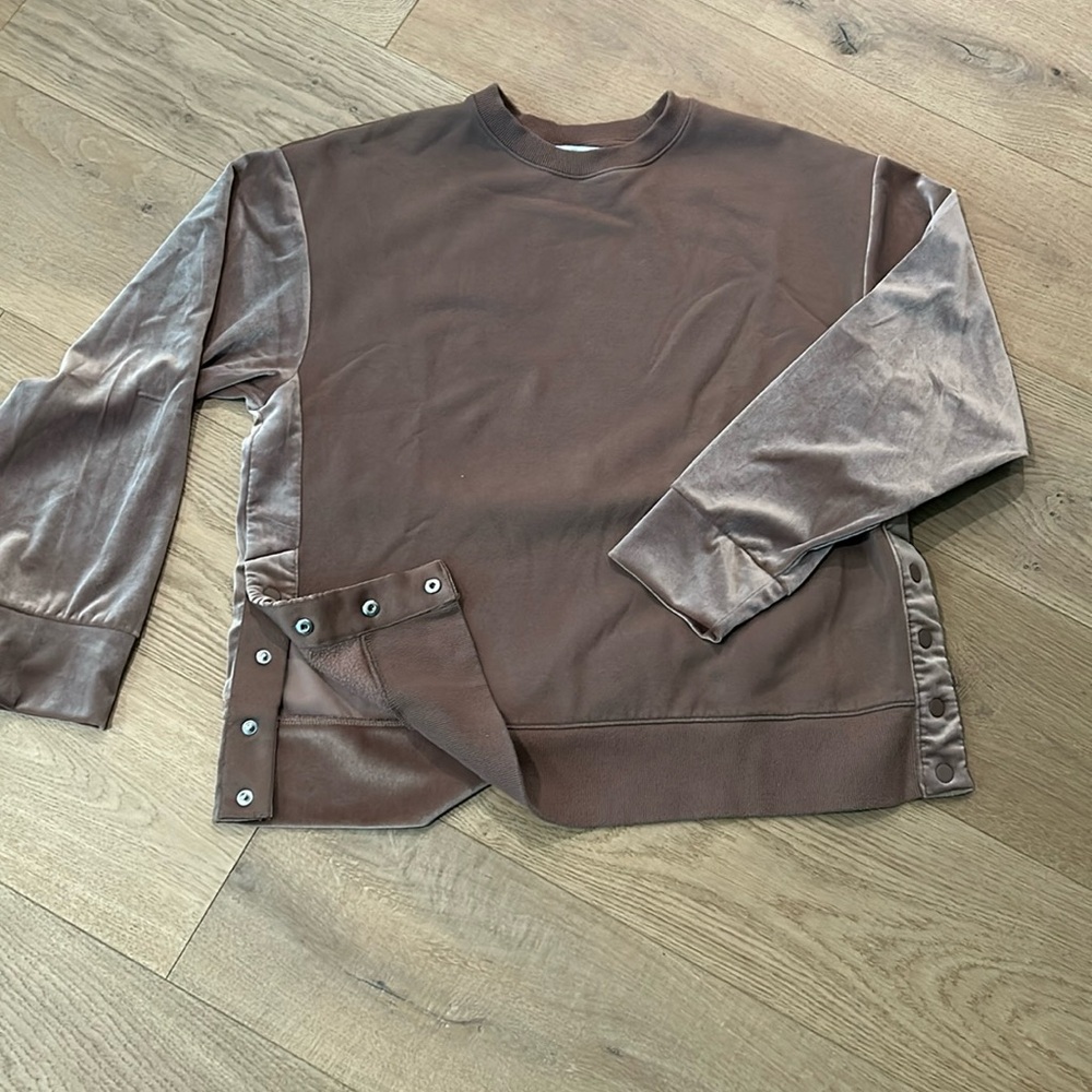 Athleta light brown oversized fleece and velour sweatshirt.